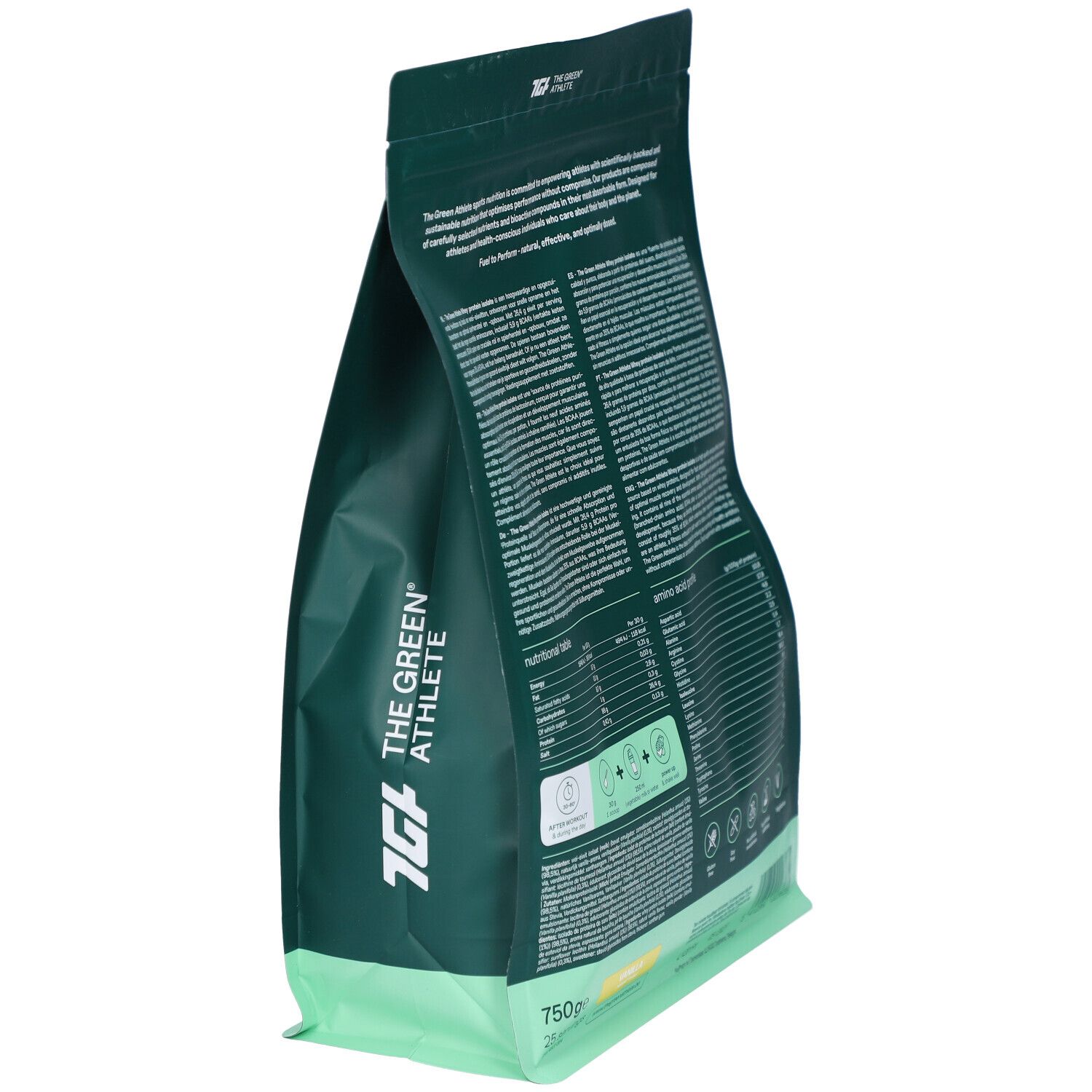 Seitenansicht eines grünen Beutels. Text mit Nährwertangaben. Marke 'THE GREEN ATHLETE'. 'WHEY PROTEIN ISOLATE'.