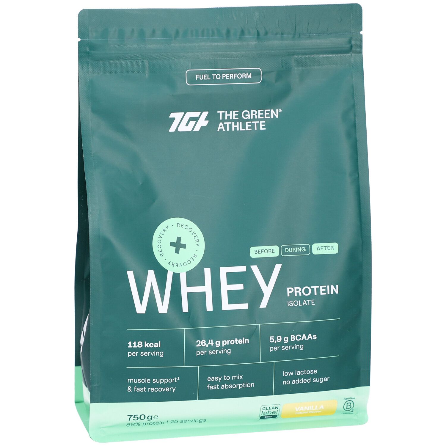 Grüner Beutel mit 'WHEY PROTEIN ISOLATE'. Marke 'THE GREEN ATHLETE'. 'Vanilla' Geschmack. 750g.