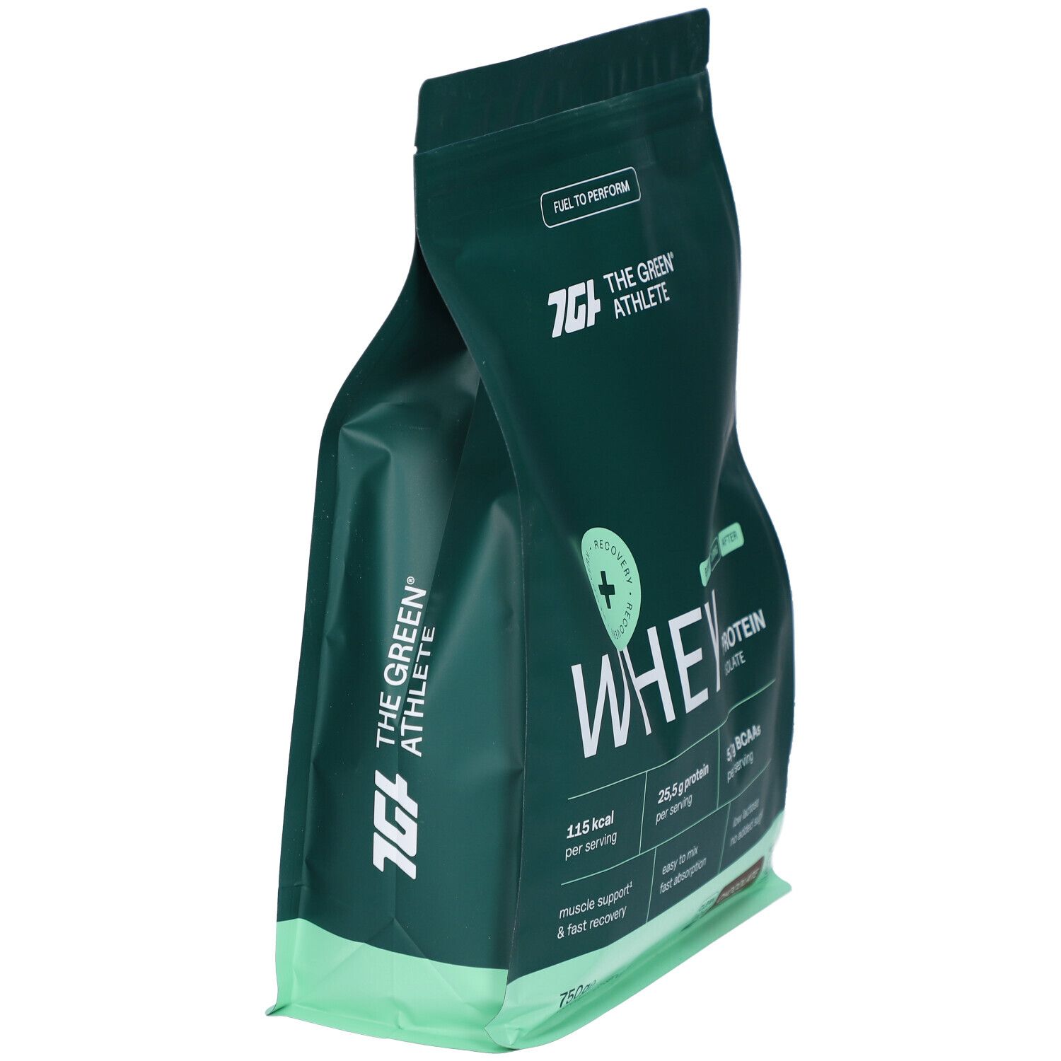 Grüner Beutel mit Whey Protein Isolat. Marke The Green Athlete. Enthält 25,5 g Protein pro Portion. Chocolate.