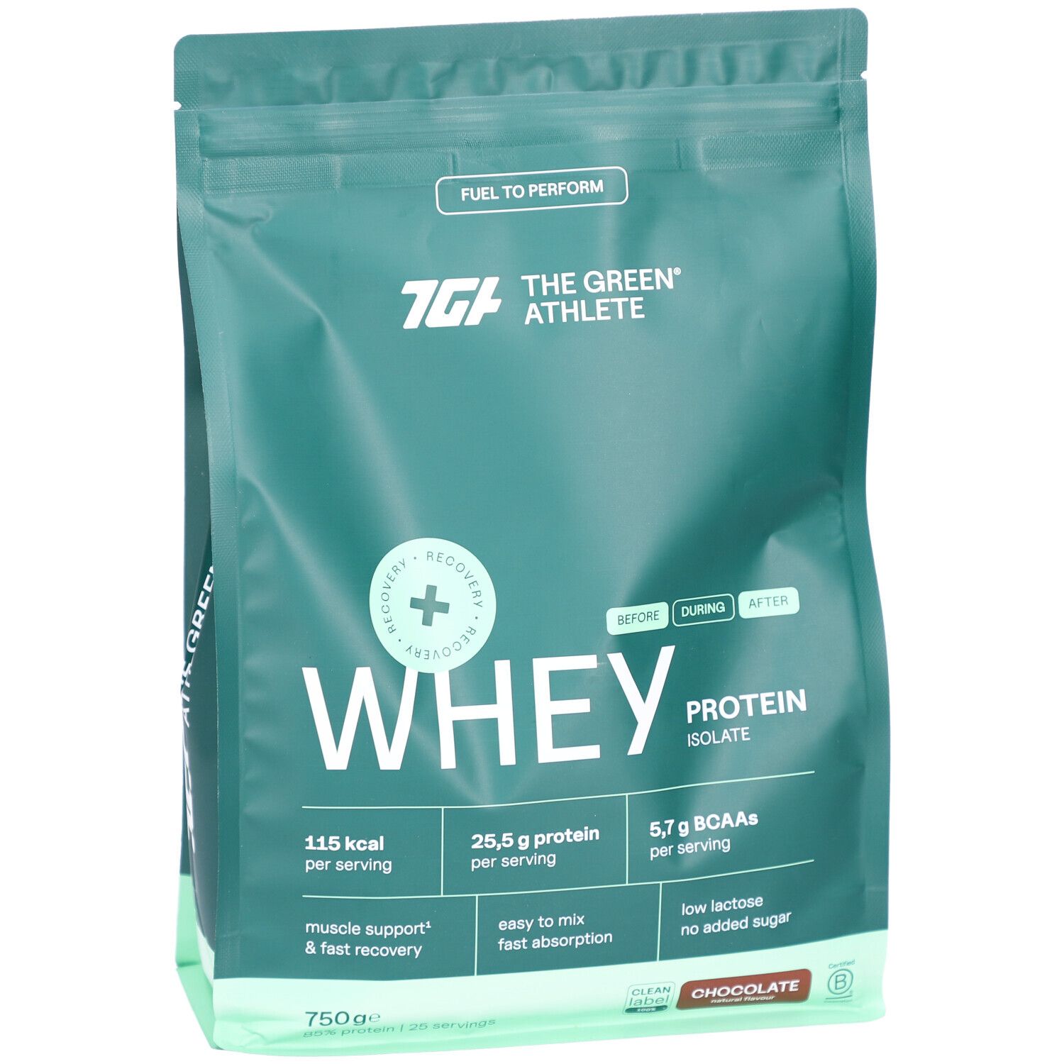 Grüner Beutel mit Whey Protein Isolat. Marke The Green Athlete. Enthält 25,5 g Protein pro Portion. Chocolate.