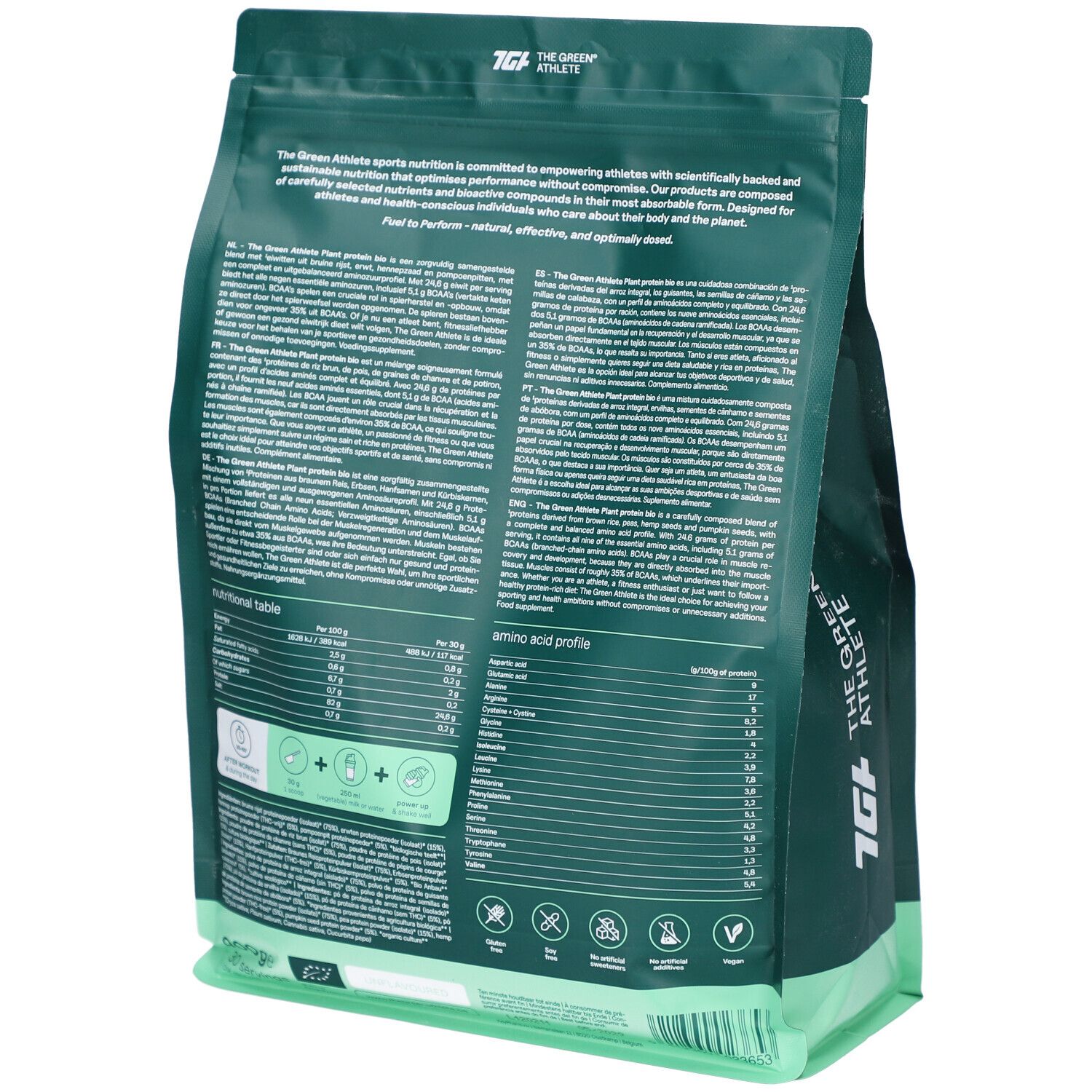 Rückseite der grünen Verpackung. Text mit Nährwertangaben und Aminosäureprofil. BIO-Zertifizierung. Marke THE GREEN ATHLETE.