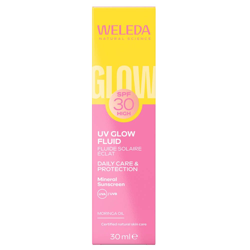 Boîte rose. Inscription : WELEDA, GLOW, SPF 30, UV Glow Fluid.