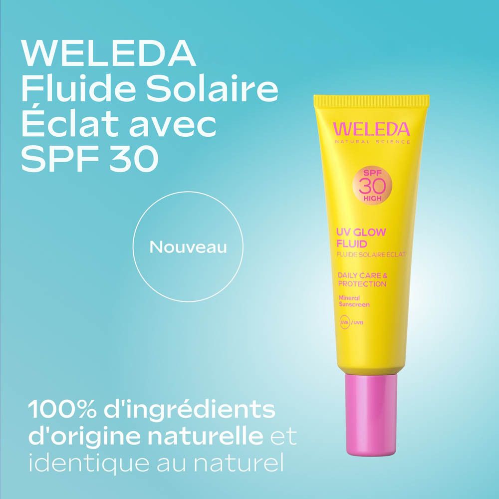 Tube jaune et boîte rose. Texte : WELEDA, Fluide Solaire Éclat avec SPF 30.