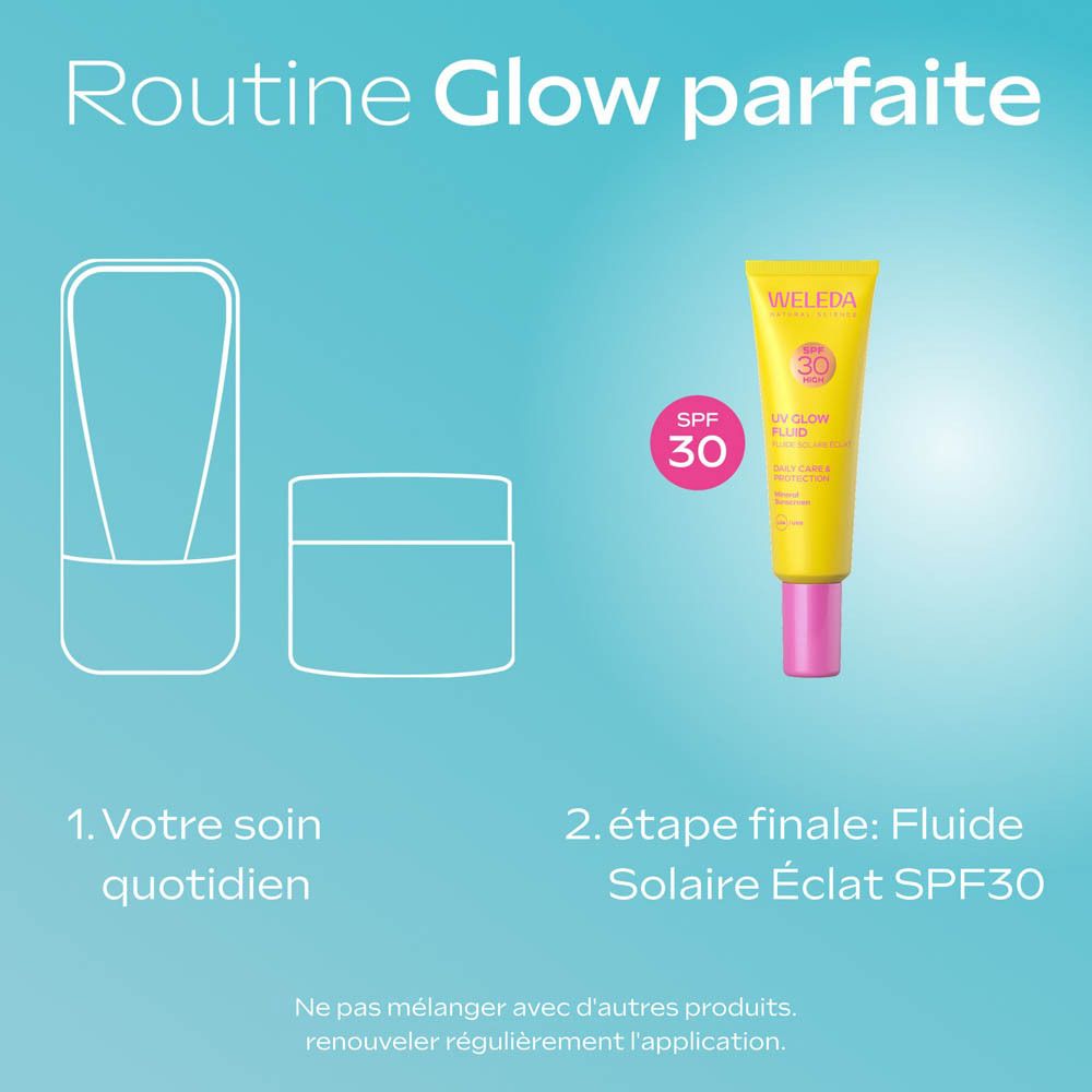 Schéma. 2 étapes. Texte : Routine Glow parfaite. 2. étape finale : Fluide Solaire Éclat SPF30.