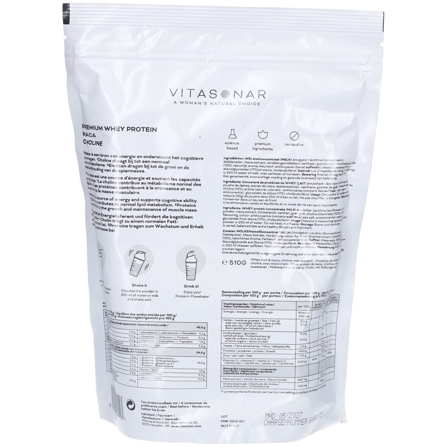 Rückseite der Proteinpulver-Verpackung. Text in mehreren Sprachen. Marke: Vitasonar. Enthält Nährwertangaben und Inhaltsstoffe.