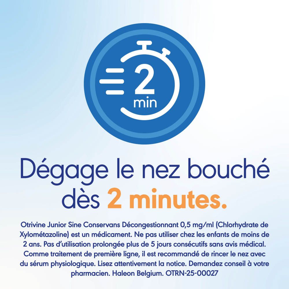 Emballage Otrivine Junior, spray nasal et boîte.