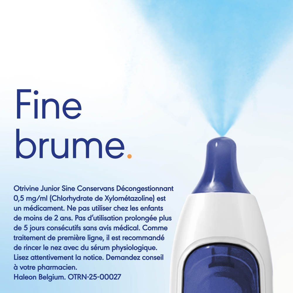 Emballage Otrivine Junior, spray nasal et boîte.