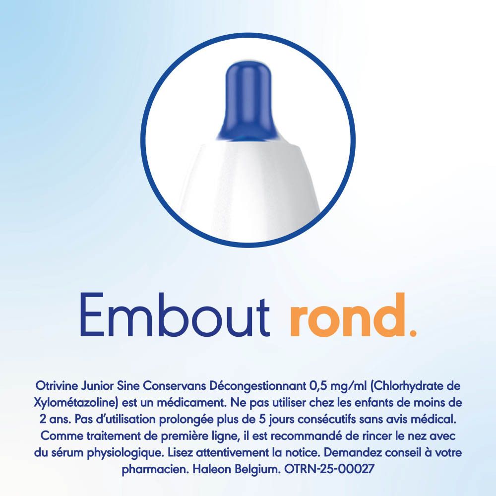 Spray nasal Otrivine Junior, flacon blanc avec embout bleu.