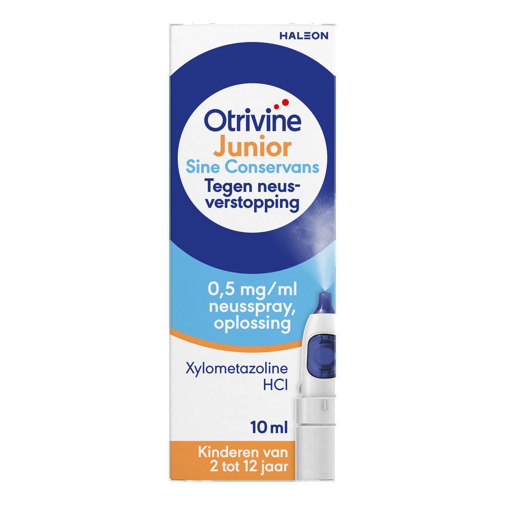 Verpakking Otrivine Junior, neusspray en doos.