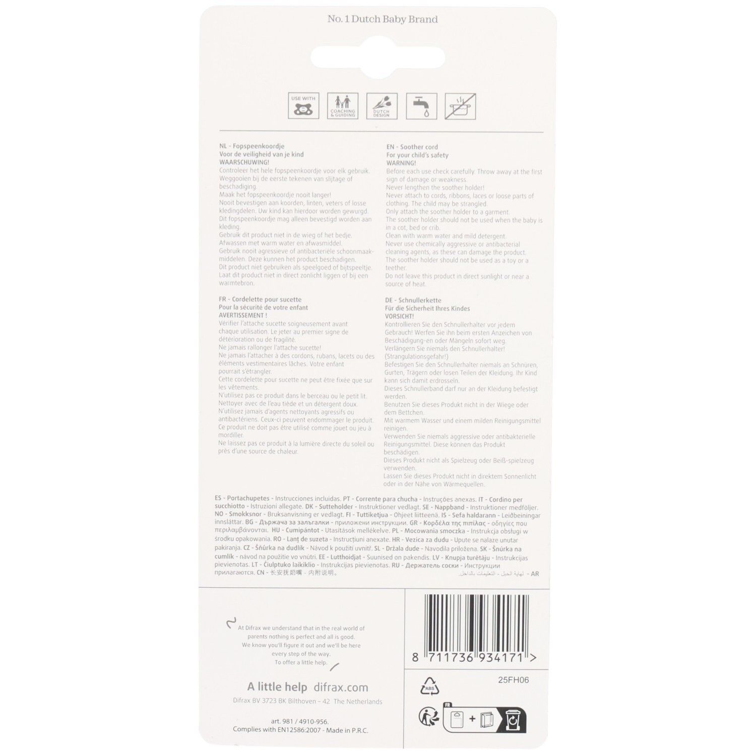 Rückseite der Blisterverpackung mit Text in mehreren Sprachen. Oben: No. 1 Dutch Baby Brand. Barcode unten.