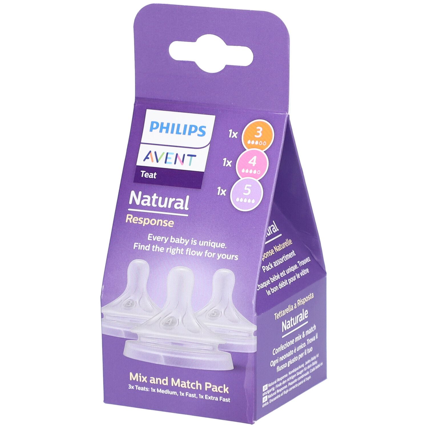 Emballage de 3 tétines Philips Avent Natural Response. Tailles variées. Texte et logo visibles.
