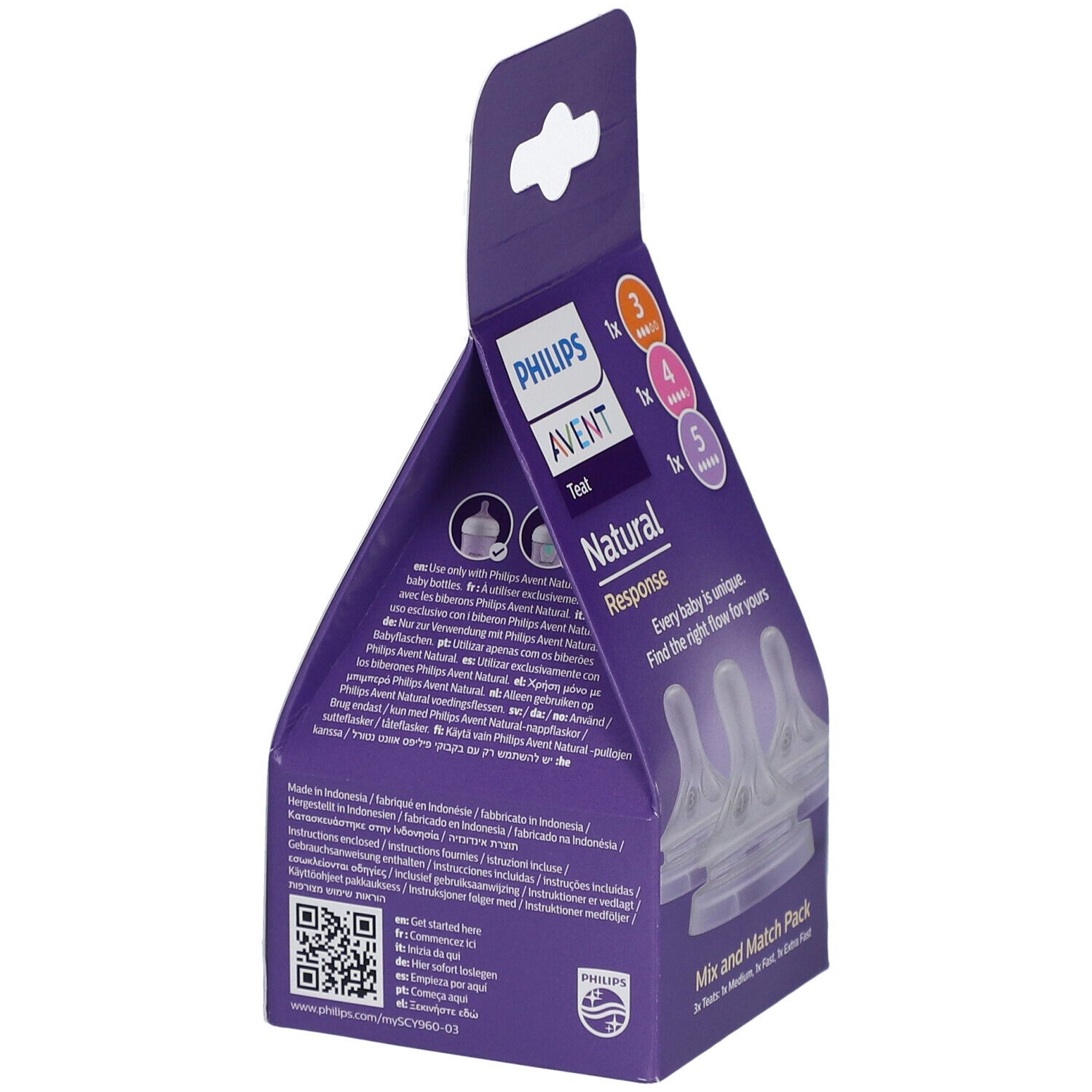 Dos de l'emballage avec texte et logos. Philips Avent Natural Response. Différentes langues.