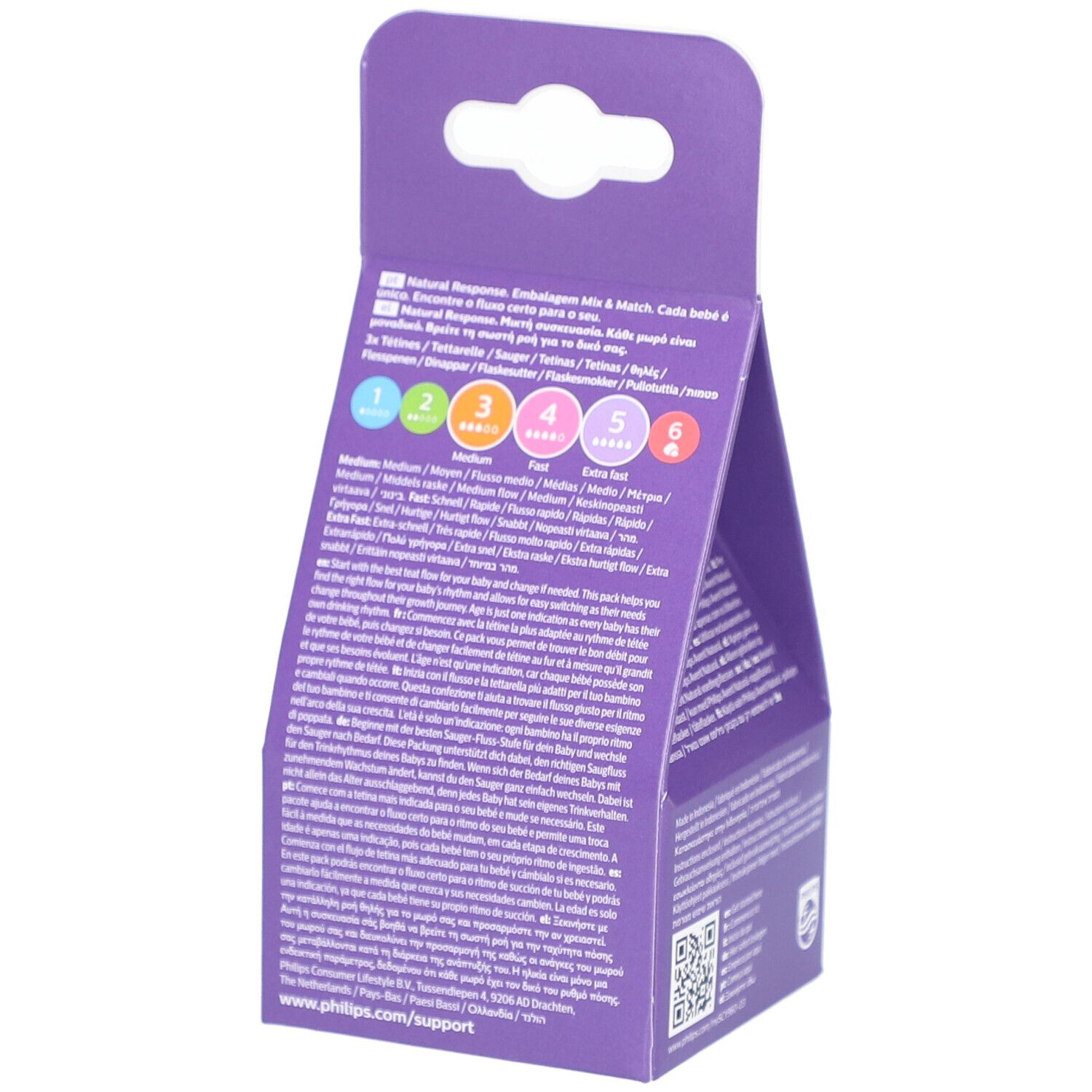 Dos de l'emballage avec texte et logos. Philips Avent Natural Response. Indications de tailles.