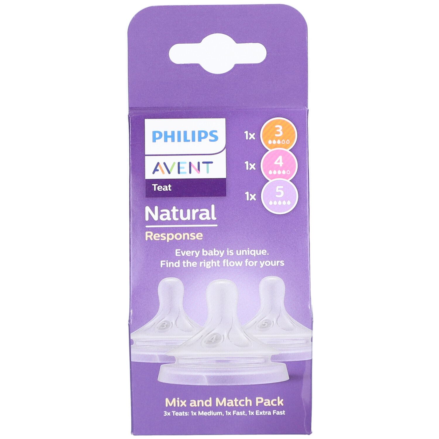 Emballage de 3 tétines Philips Avent Natural Response. Tailles variées. Texte et logo visibles.