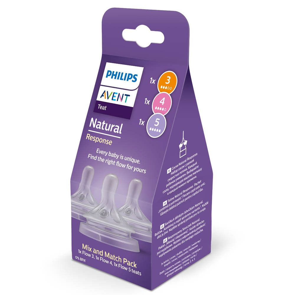 Emballage de 3 tétines Philips Avent Natural Response. Indications de tailles. Vue rapprochée.