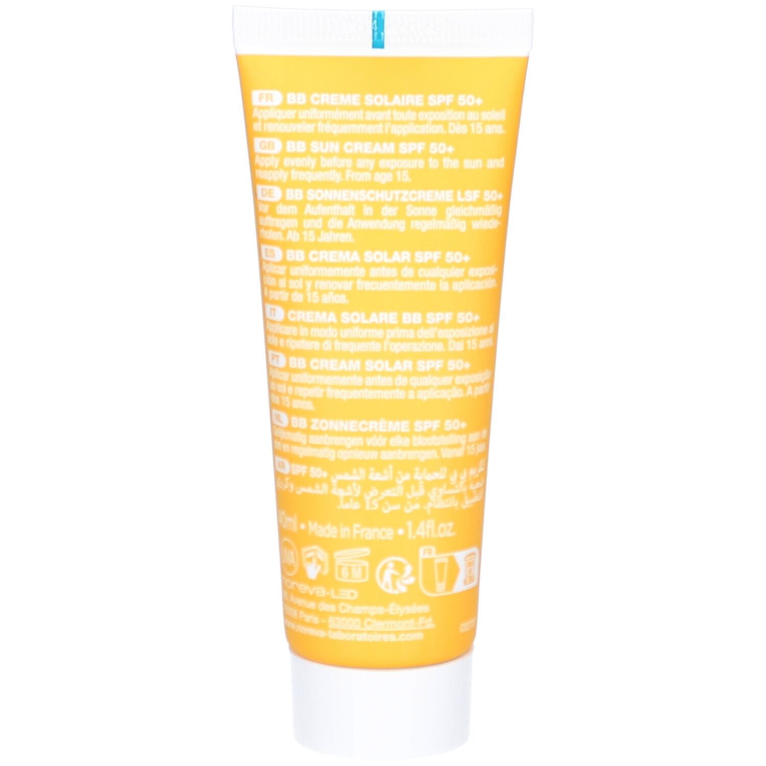 Rückseite einer gelben Tube. Text in mehreren Sprachen. Aufschrift: BB Crème solaire SPF 50+.