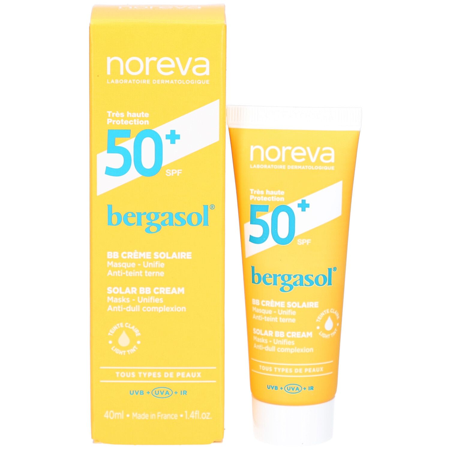 Gelbe Schachtel und Tube. Aufschrift: noreva, bergasol, SPF 50+. BB Crème solaire. 40ml.