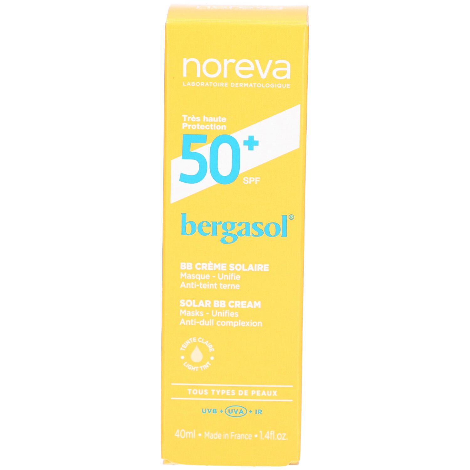 Gelbe Schachtel. Aufschrift: noreva, bergasol, SPF 50+. BB Crème solaire. 40ml.