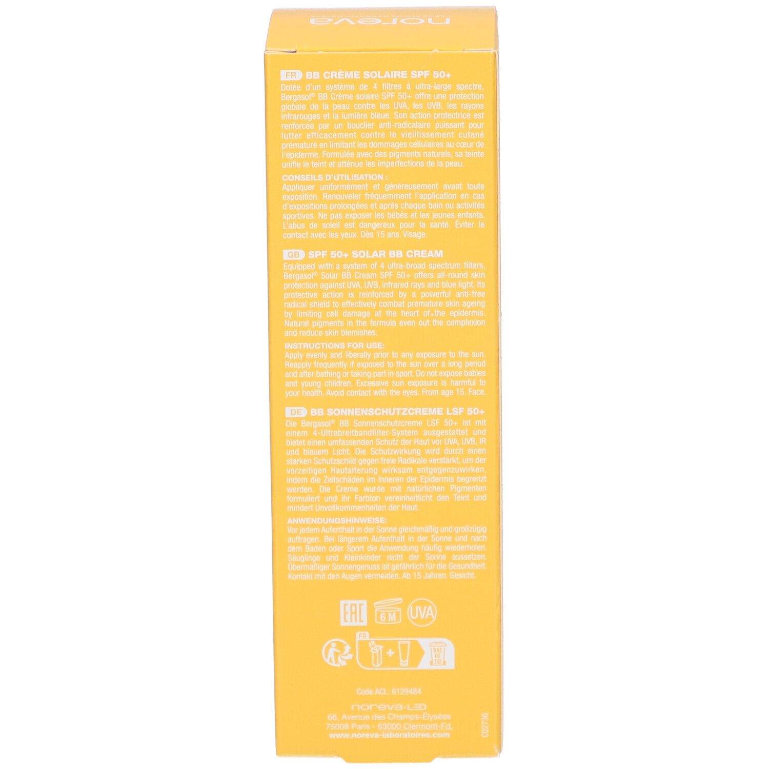 Gelbe Schachtel, Seitenansicht. Text in mehreren Sprachen. Aufschrift: BB Crème solaire SPF 50+.