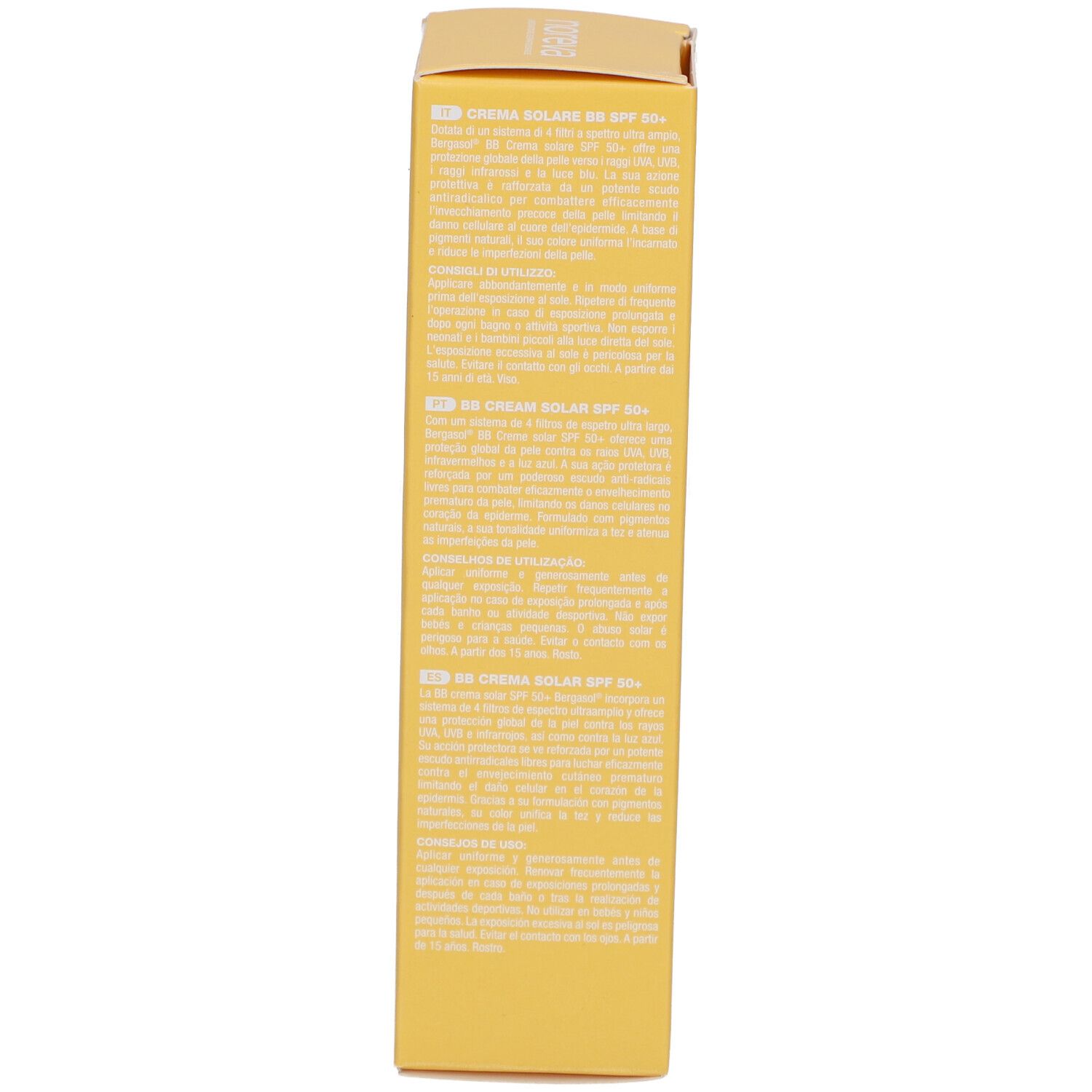 Gelbe Schachtel, Seitenansicht. Text in mehreren Sprachen. Aufschrift: BB Crème solaire SPF 50+.