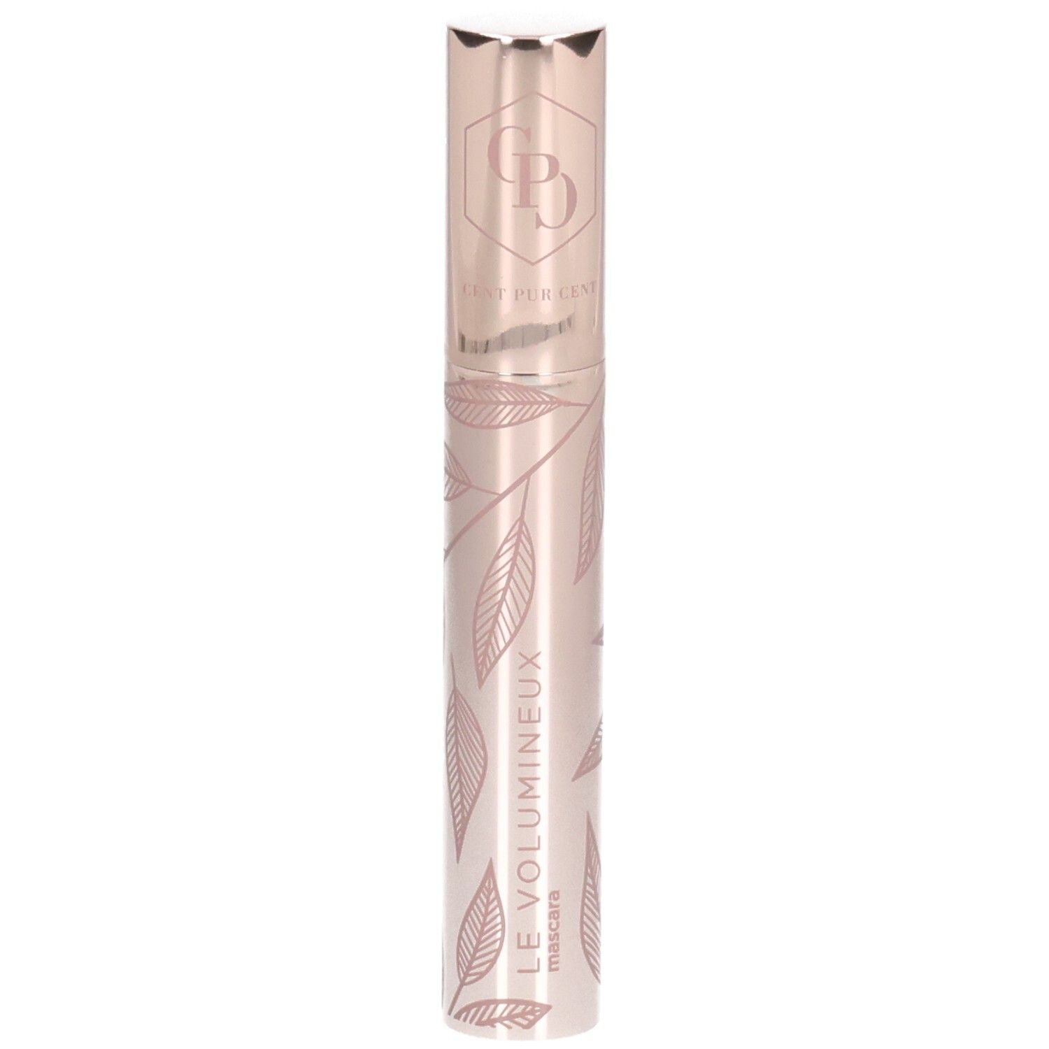 Rosegoldfarbene Mascara-Verpackung mit Blattmuster und dem Schriftzug 'LE VOLUMEINEUX MASCARA'.