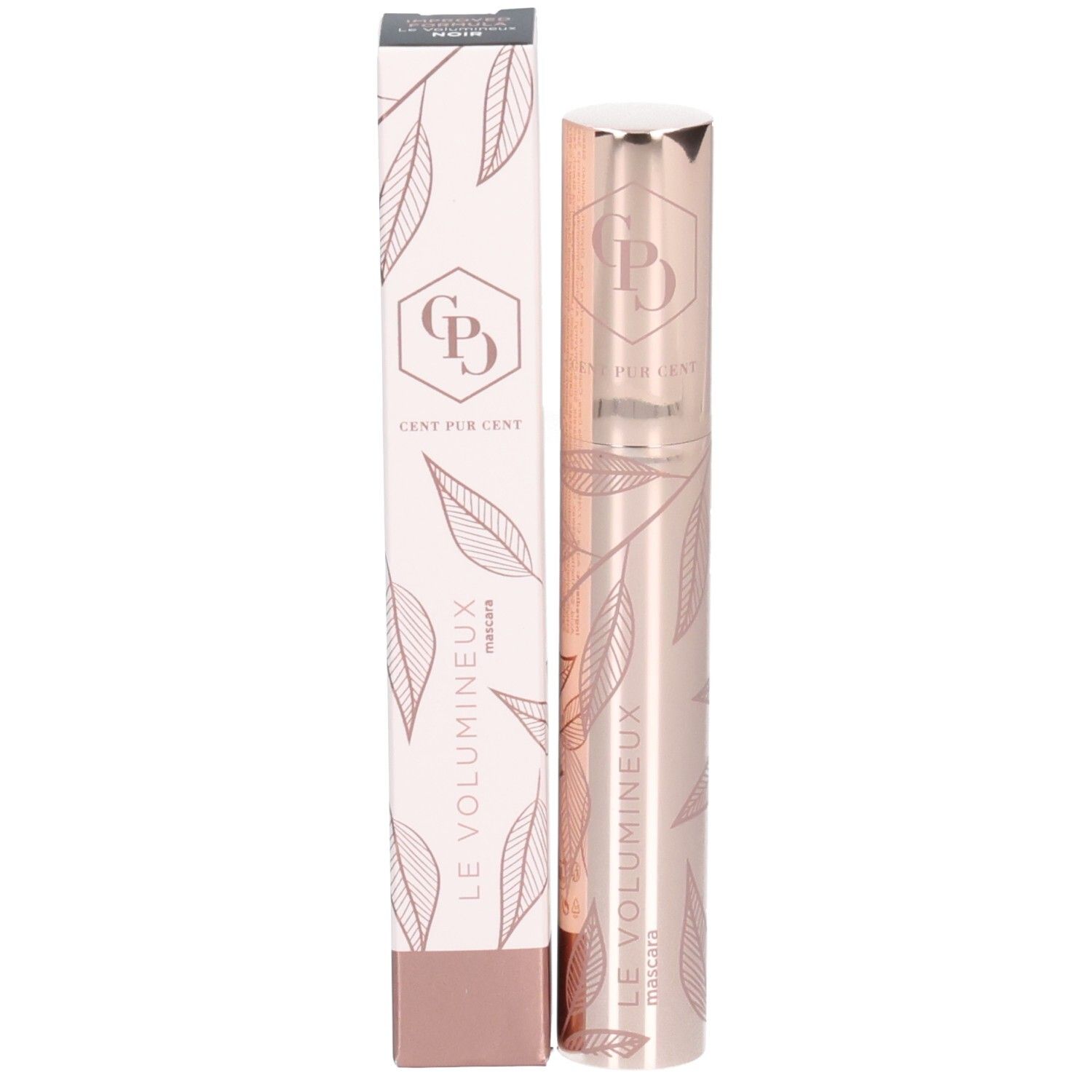 Rosegoldfarbene Mascara-Verpackung mit Blattmuster und passender Mascara. "LE VOLUMINEUX" und "CENT PUR CENT" sind sichtbar.