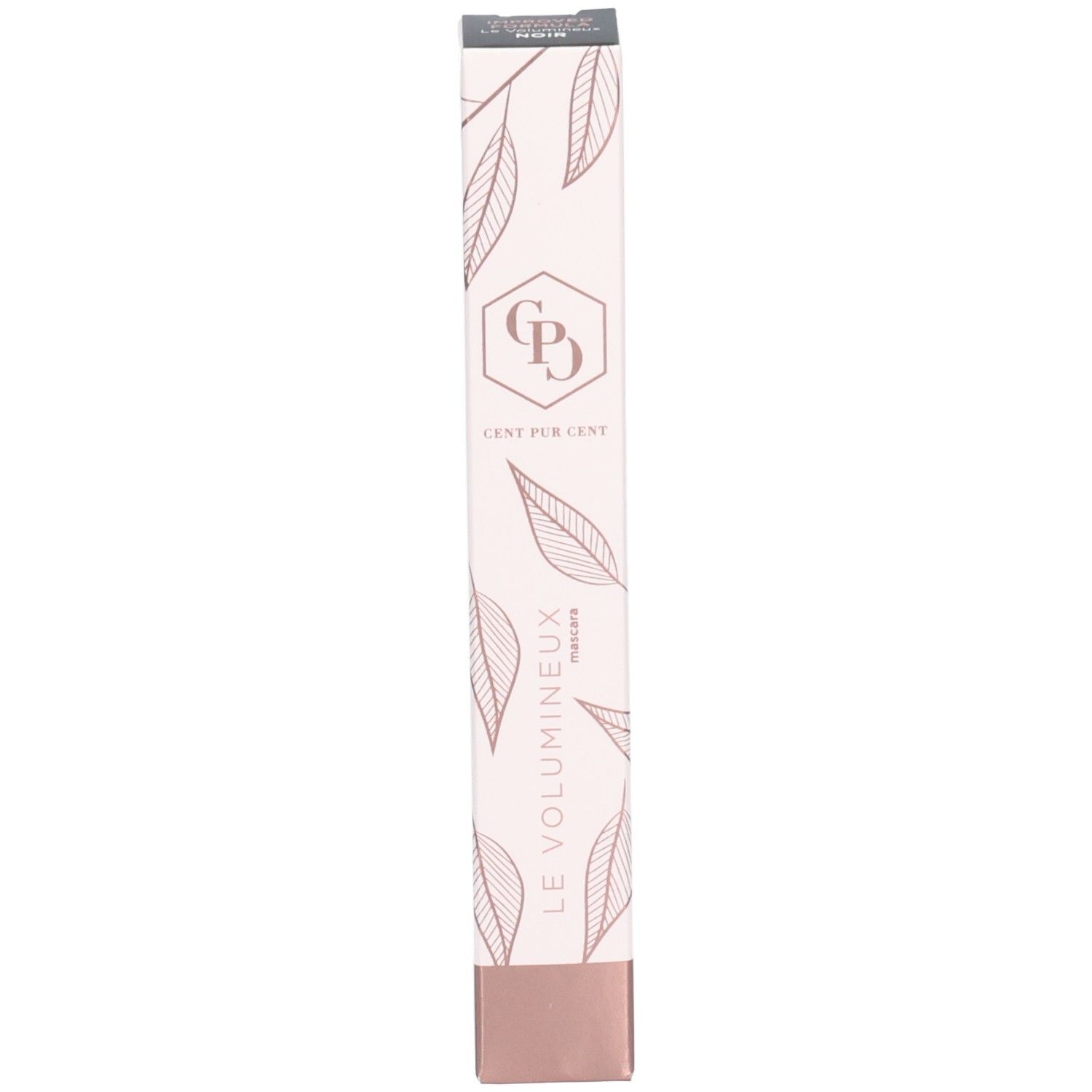 Verpackung für Mascara mit Blattmuster und Logo.