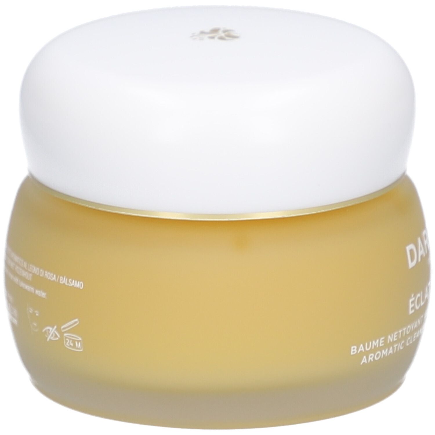 Gelbliche Creme in einem runden Glas mit weißem Deckel. Aufschrift nicht lesbar.