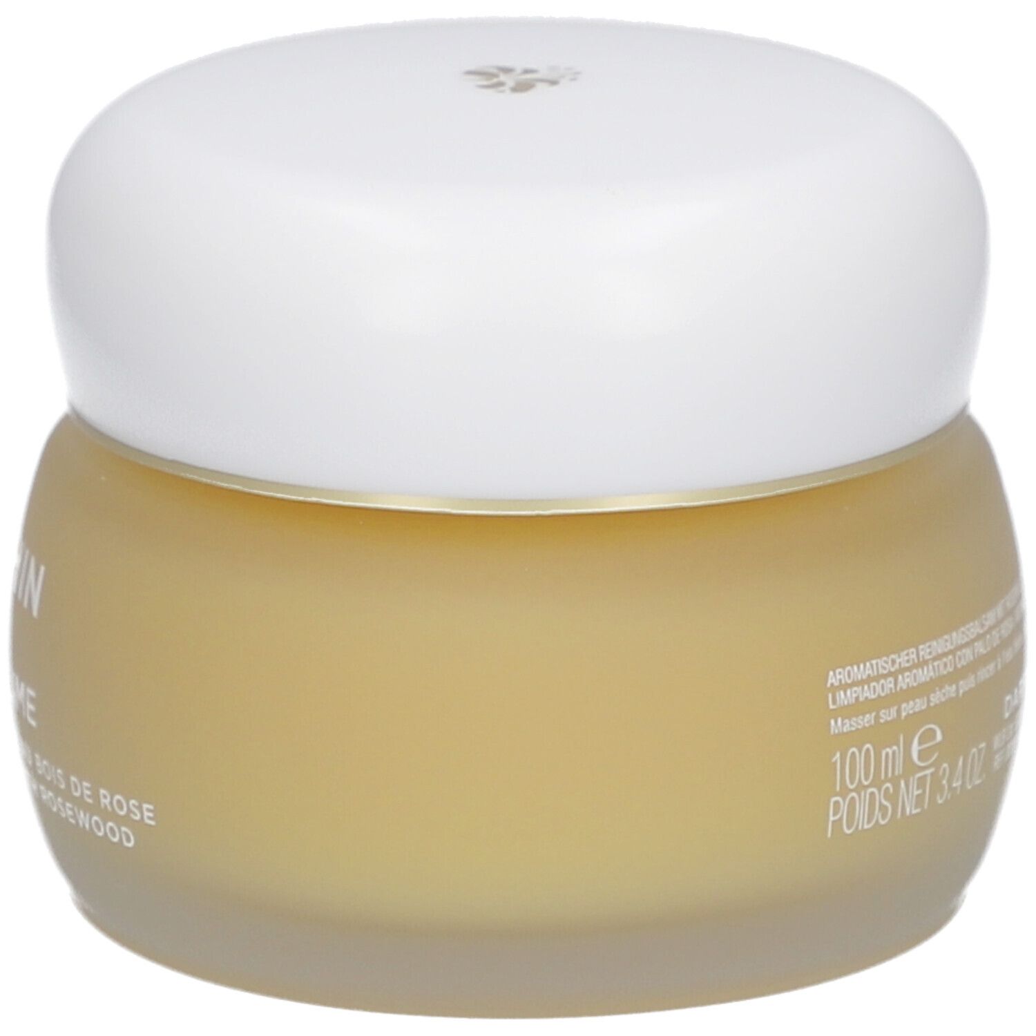 Runder Glastiegel mit gelblicher Creme und weißem Deckel. Text: Darphin, Eclat Sublime, 100 ml.