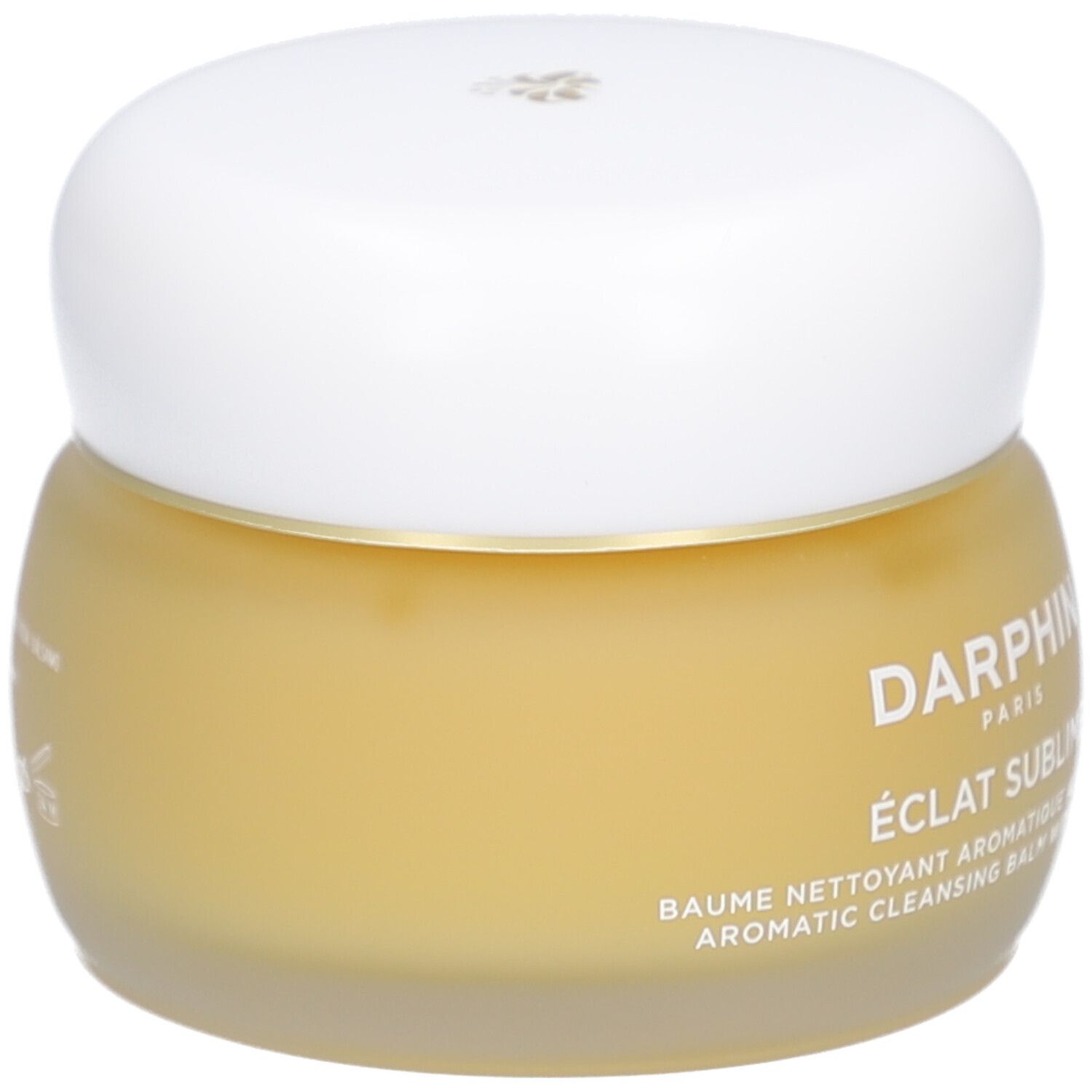 Runder Glastiegel mit gelblicher Creme und weißem Deckel. Text: Darphin, Eclat Sublime, Baume nettoyant.