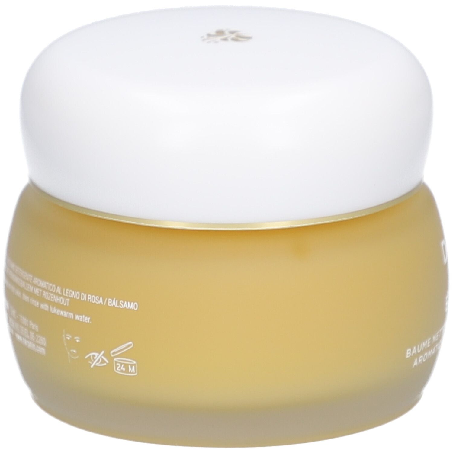 Runder Glastiegel mit gelblicher Creme und weißem Deckel. Text nicht lesbar.