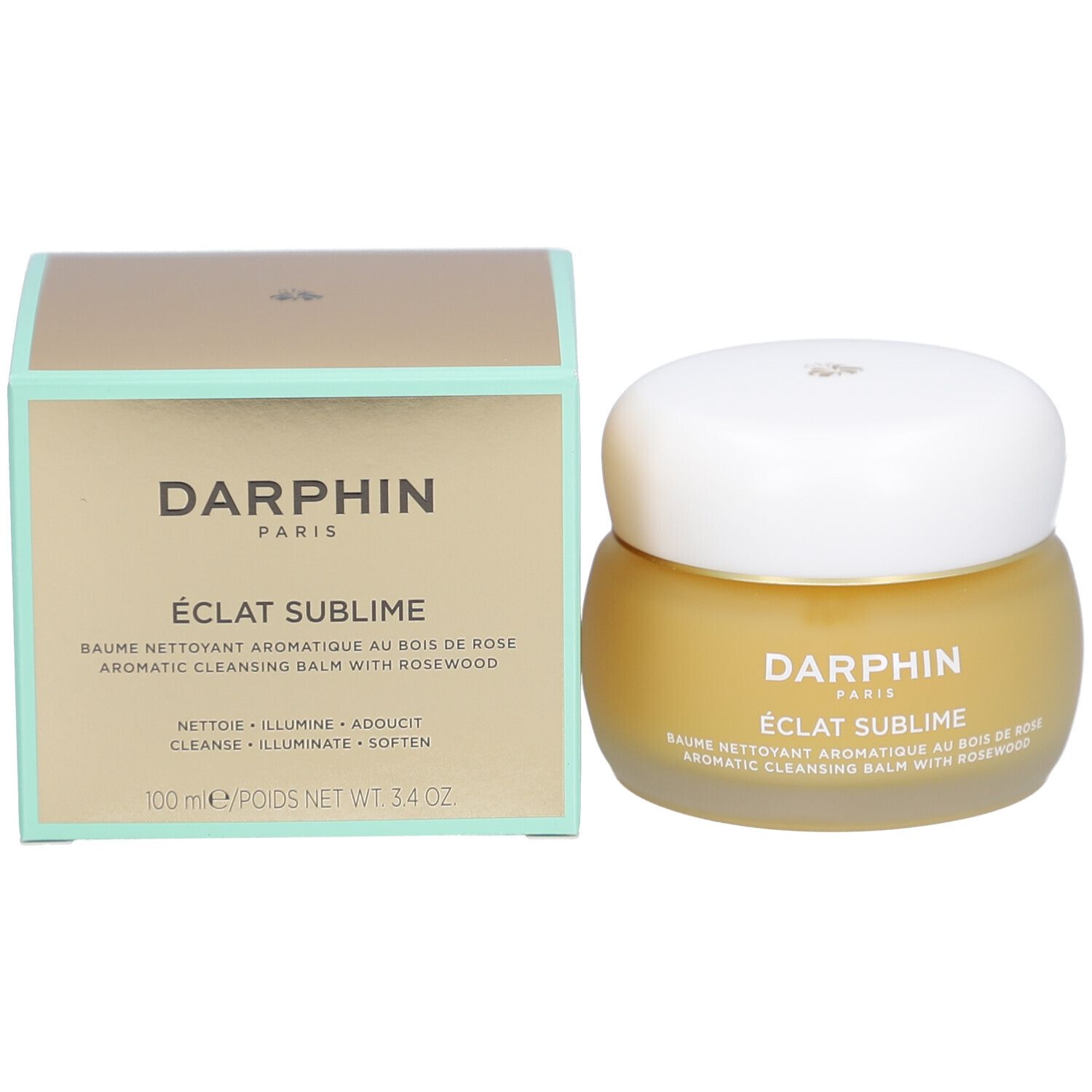 Produkt und Verpackung. Glastiegel mit gelblicher Creme und weißem Deckel. Text: Darphin, Eclat Sublime.