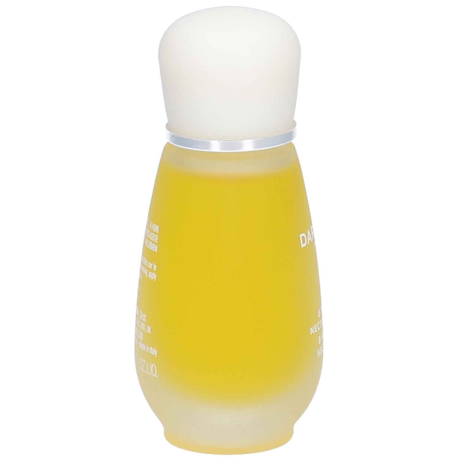 Gelbe Flüssigkeit in einer tropfenförmigen Flasche mit weißem Deckel. Aufschrift nicht lesbar.