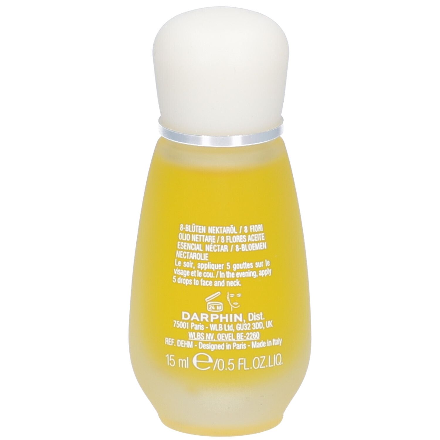 Tropfenförmige Flasche mit gelber Flüssigkeit und weißem Deckel. Text: 15 ml, 0.5 FL.OZ.LIQ, Darphin.