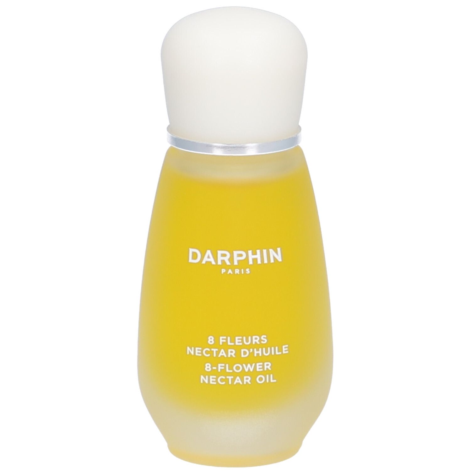 Tropfenförmige Flasche mit gelber Flüssigkeit und weißem Deckel. Text: Darphin, 8 Fleurs Nectar Oil.