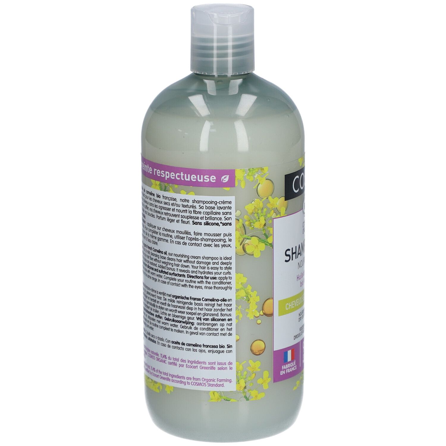 Rückseite der grünen Flasche. Text mit Produktinformationen und Anweisungen. Französische Flagge und Bio-Siegel.