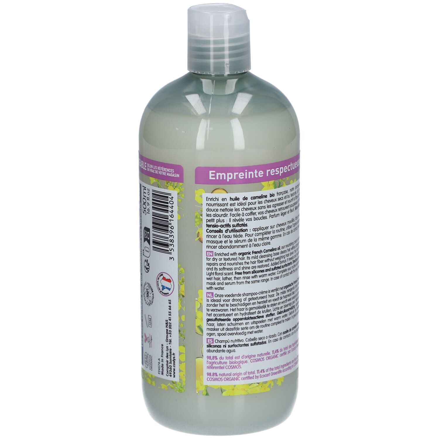 Rückseite der grünen Flasche. Text mit Produktinformationen und Anweisungen. Bio-Zertifizierung und französisches Logo.