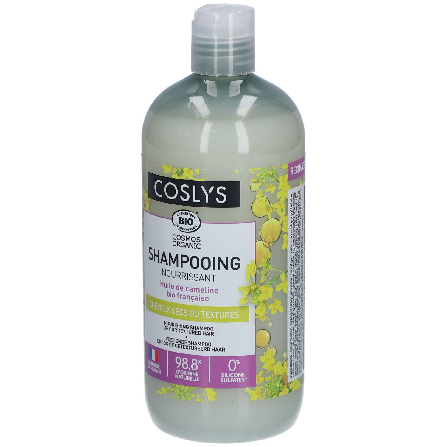 Grüne Flasche mit weißem Deckel. Aufschrift: Coslys Shampooing Nourrissant. Bio-Zertifizierung. Für trockenes Haar.
