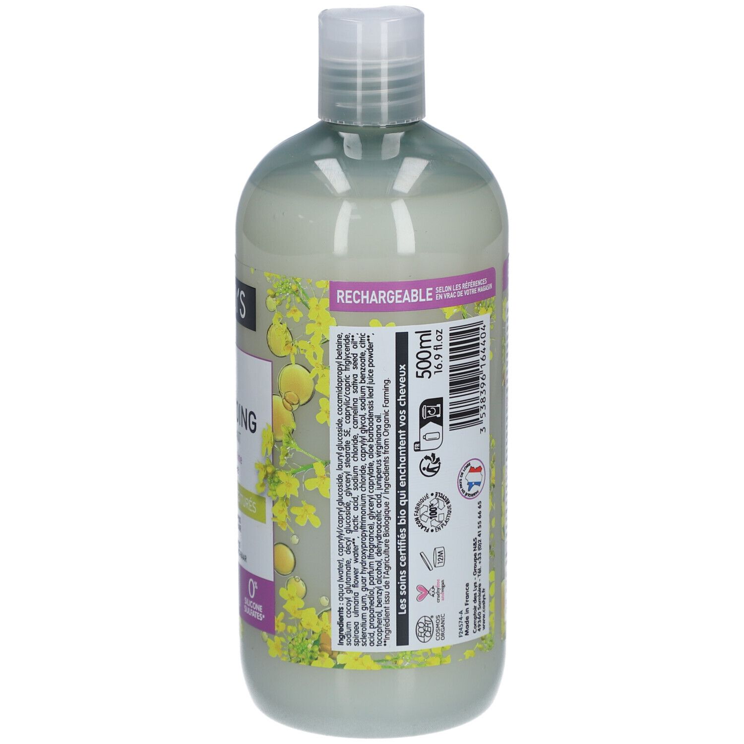 Rückseite der grünen Flasche. Text mit Produktinformationen und Anweisungen. Bio-Zertifizierung und französisches Logo.
