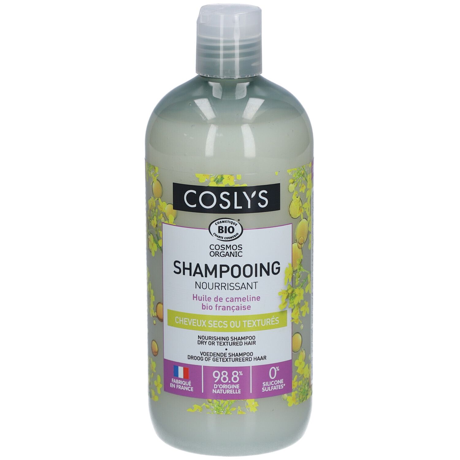 Grüne Flasche mit weißem Deckel. Aufschrift: Coslys Shampooing Nourrissant. Bio-Zertifizierung. Für trockenes Haar.