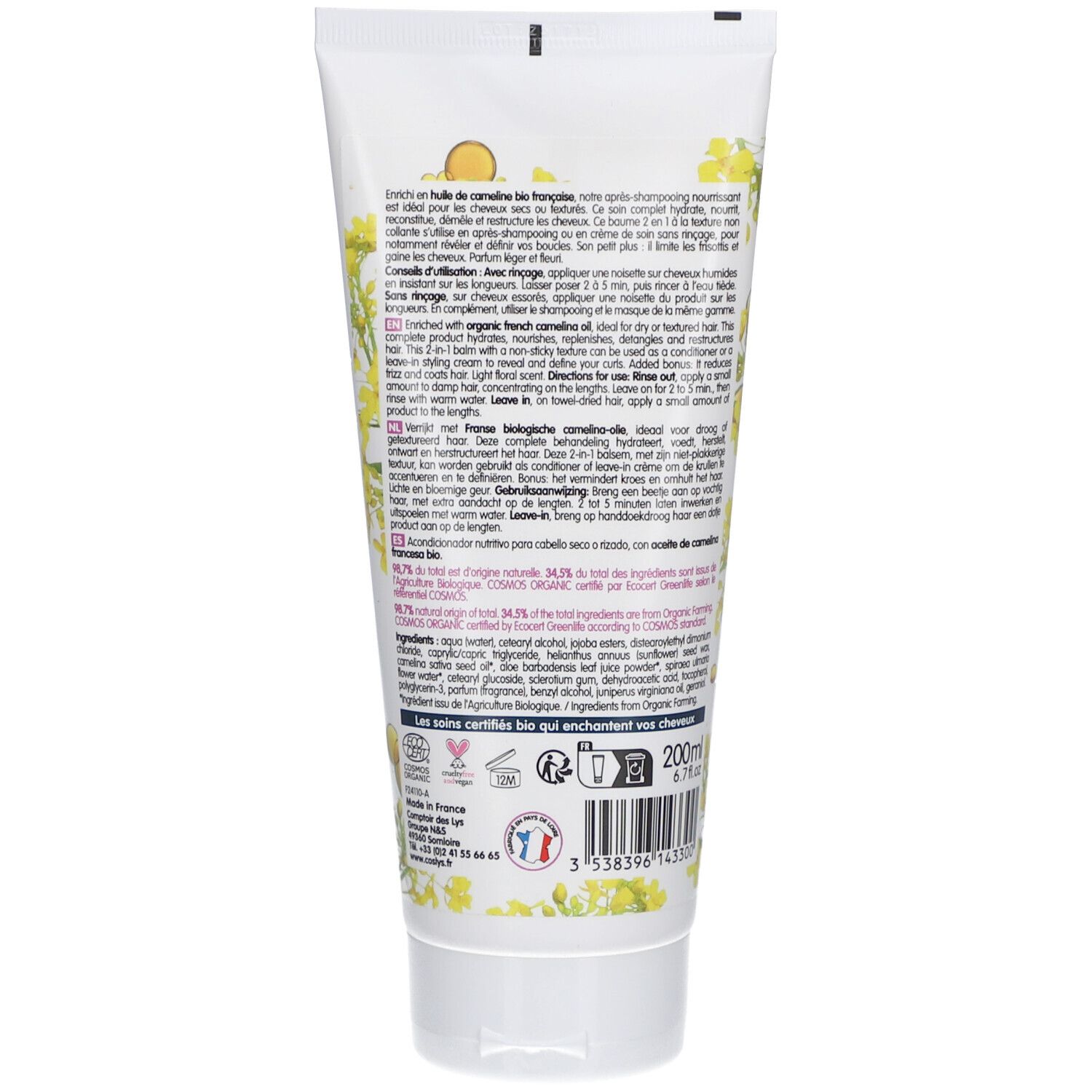 200ml Tube mit Haarpflege-Informationen und Bio-Siegeln.