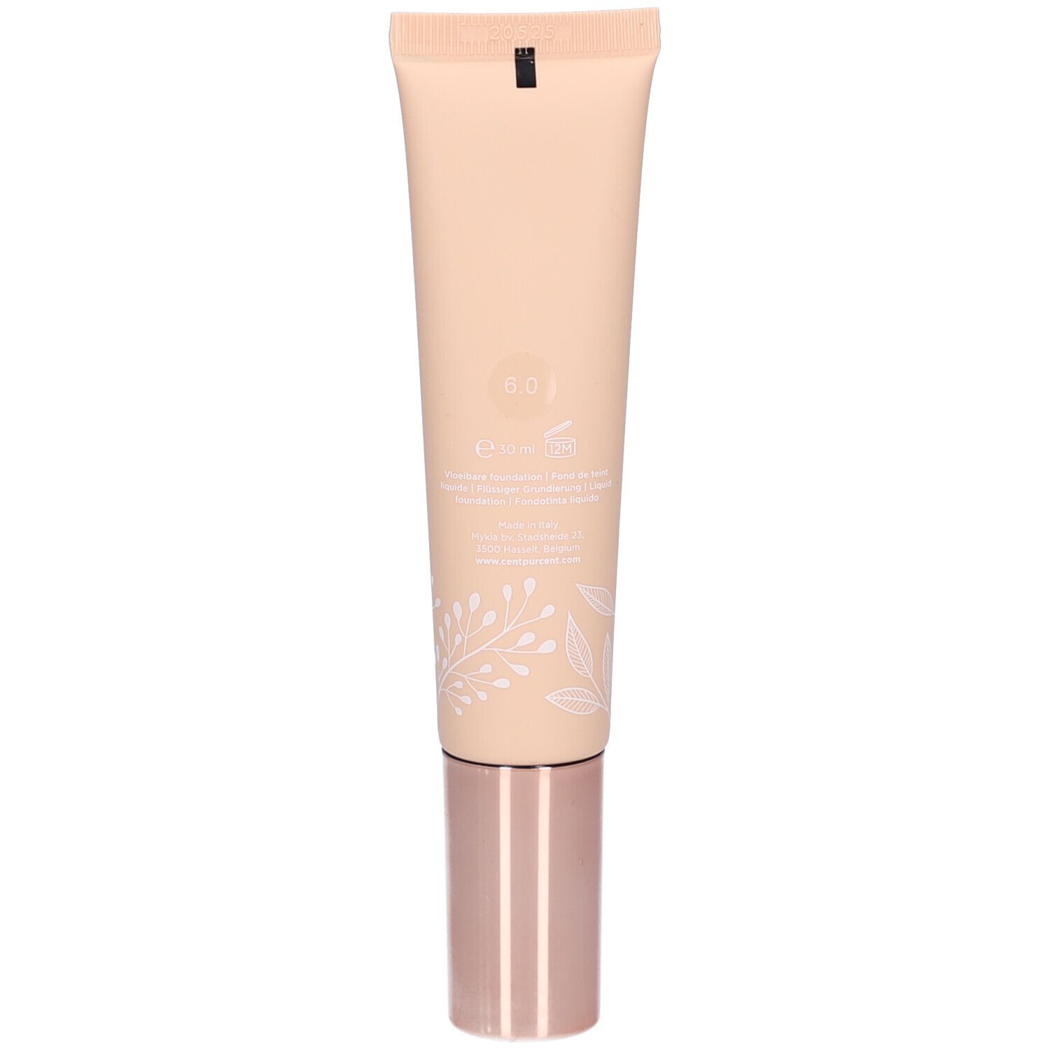 Beigefarbene Tube mit roségoldfarbenem Verschluss. Rückseite mit Text.
