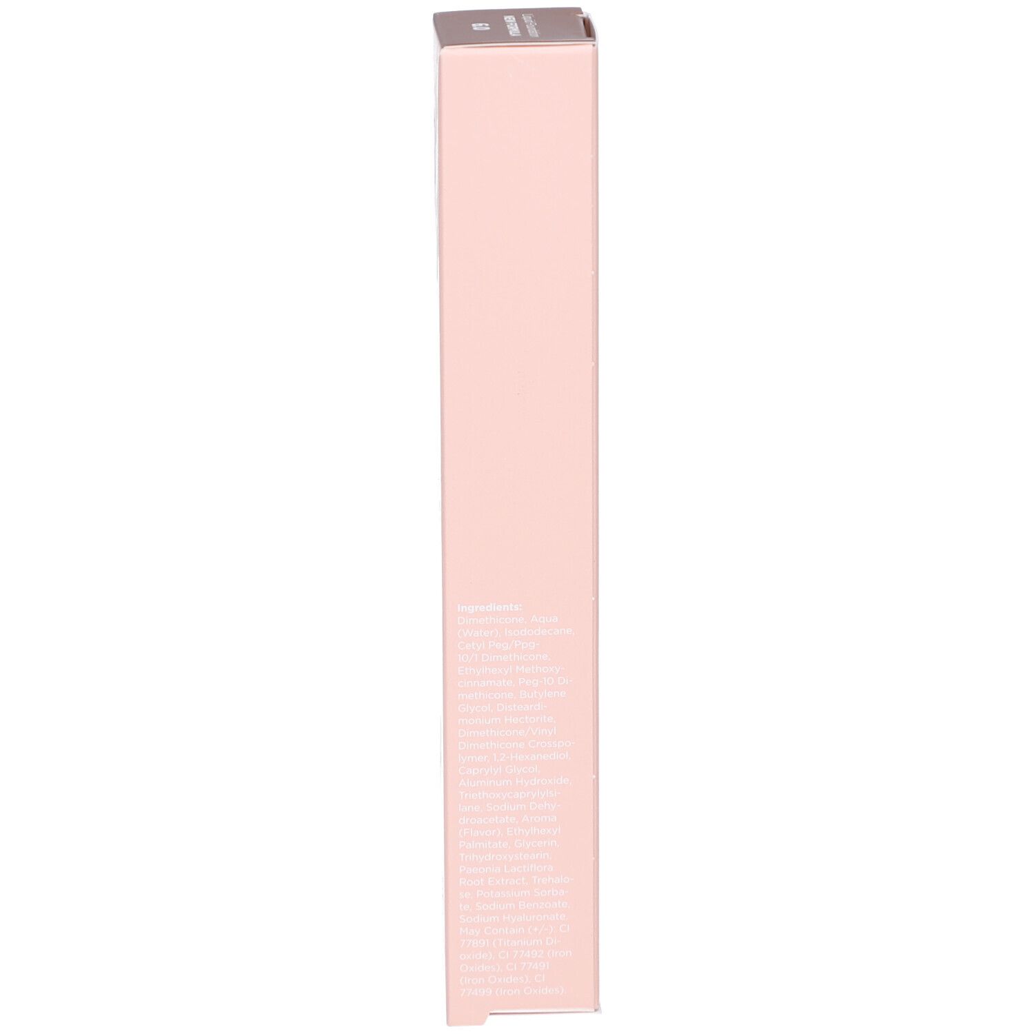 Rosa Verpackung, Seite mit Text. Inhaltsstoffe und Herstellerinformationen.