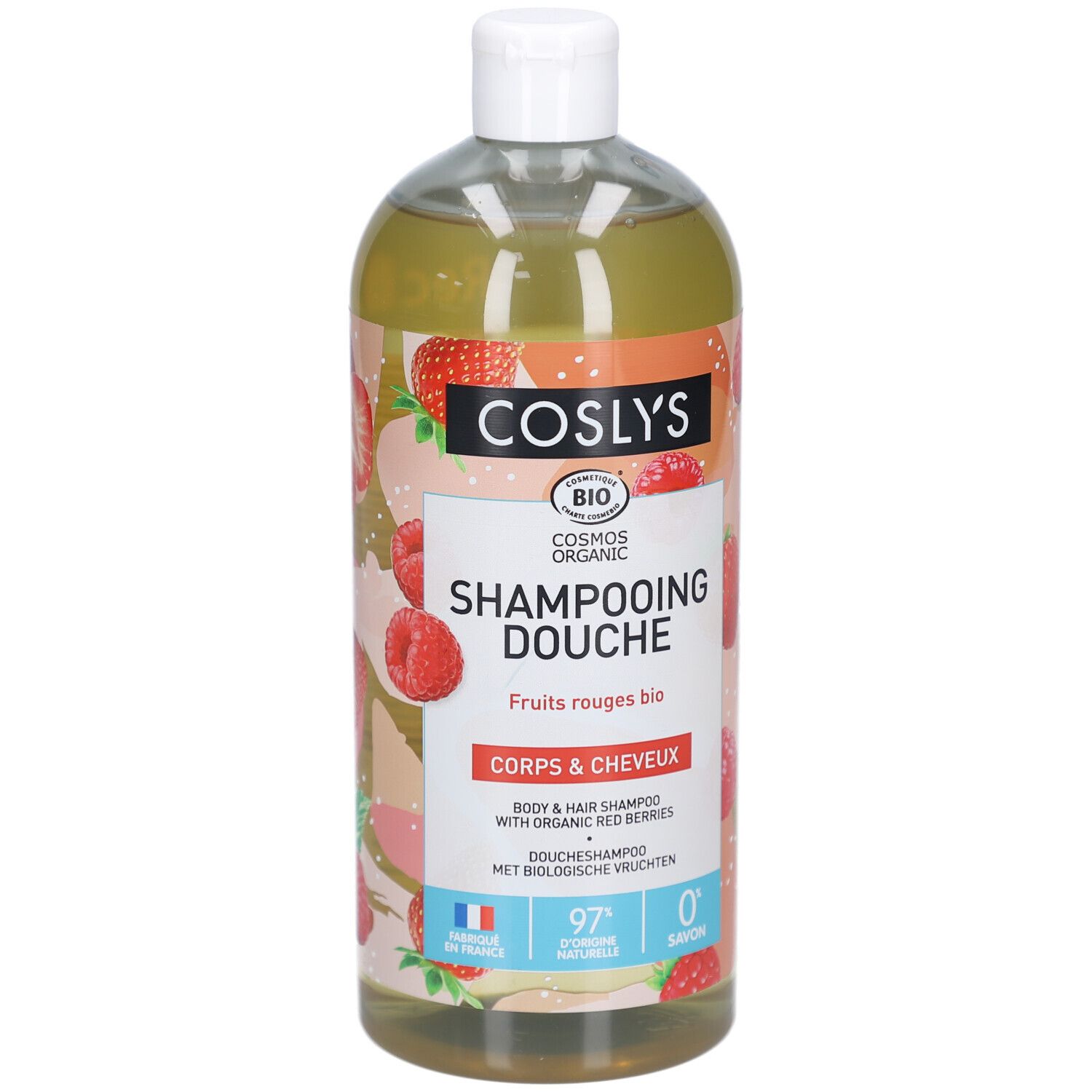 Coslys Shampooing Douche Fruits Rouges. Flasche mit rotem Beerenmuster. Weißer Deckel. Bio-Zertifizierung.