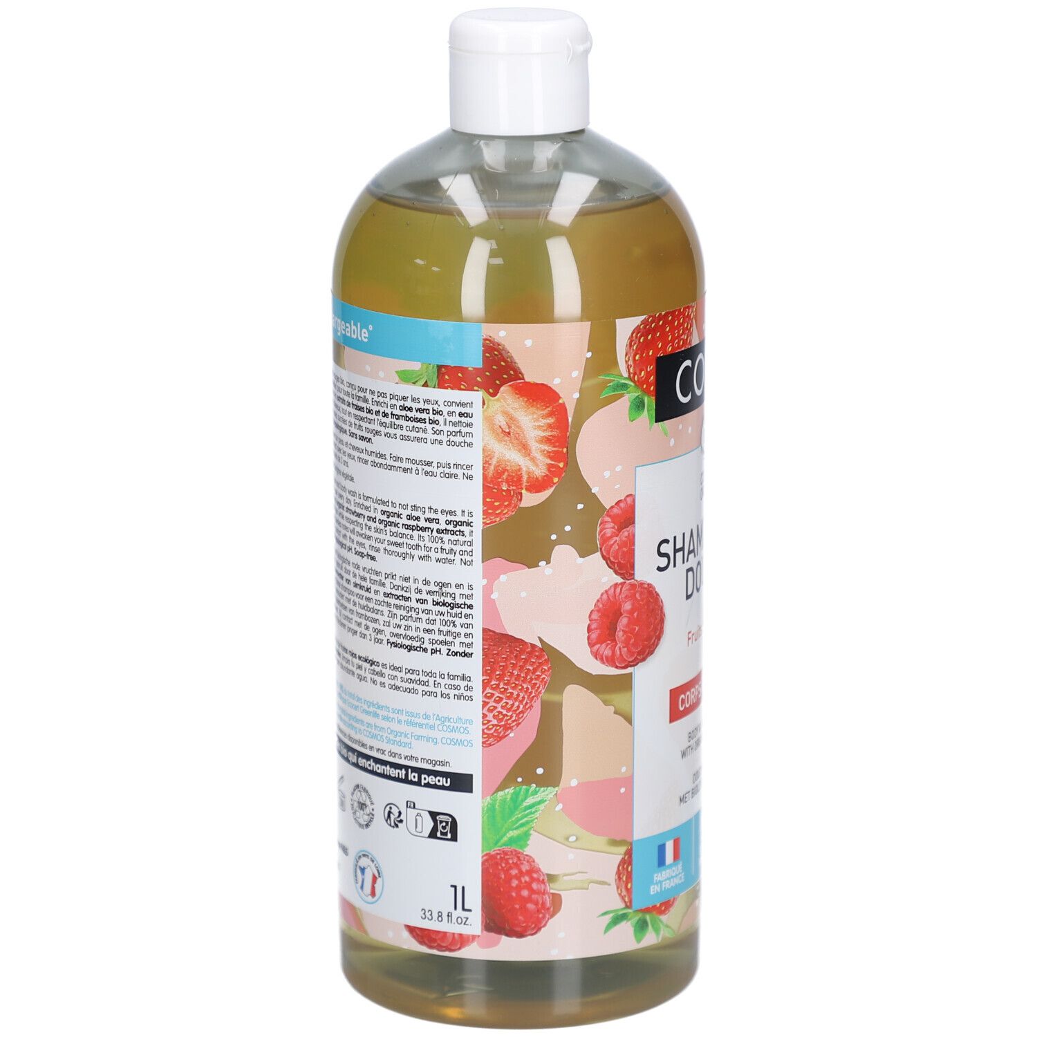 Coslys Shampooing Douche Fruits Rouges. Rückseite der Flasche mit Text und Zertifizierungen. Weißer Deckel.