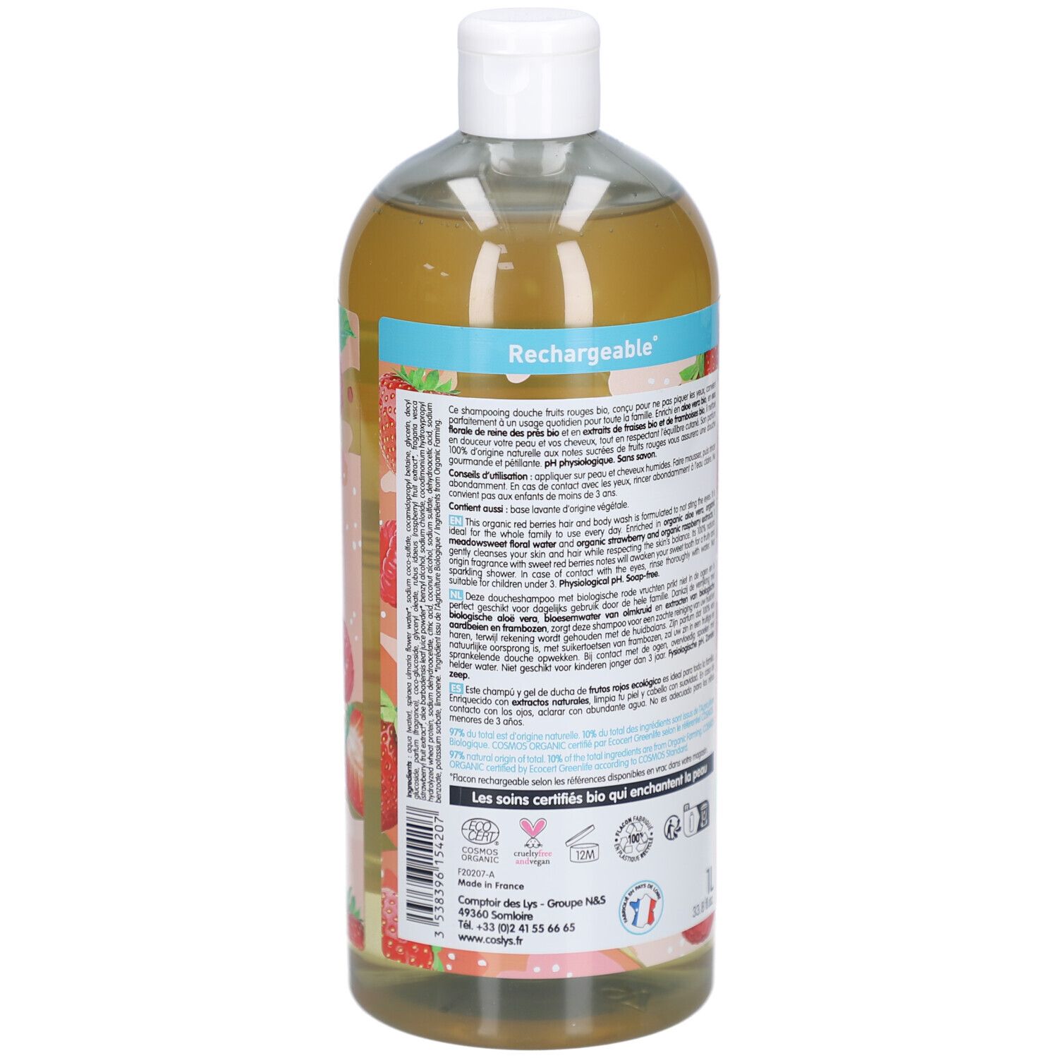 Coslys Shampooing Douche Fruits Rouges. Rückseite der Flasche mit Text und Zertifizierungen. Weißer Deckel.
