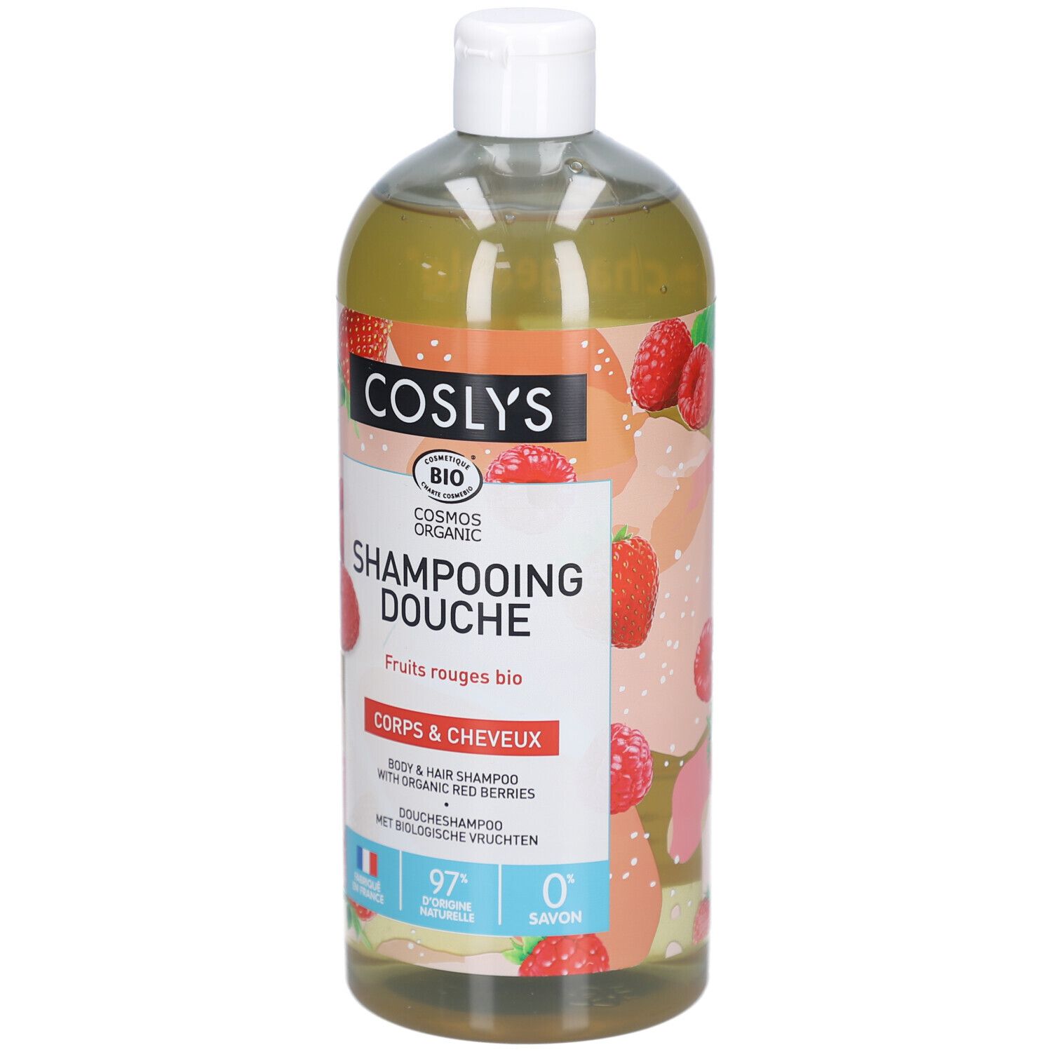 Coslys Shampooing Douche Fruits Rouges. Flasche mit rotem Beerenmuster. Weißer Deckel. Bio-Zertifizierung.