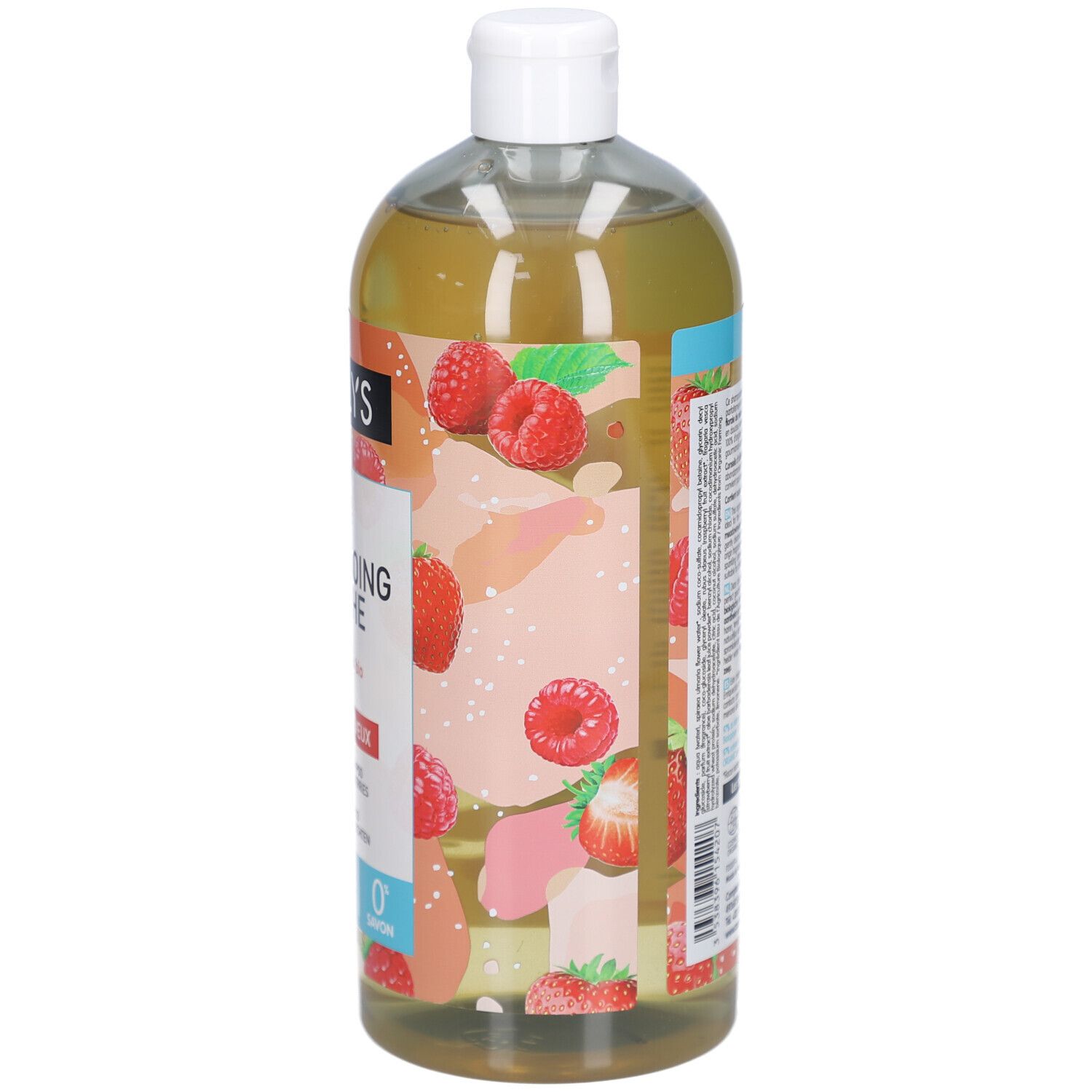 Coslys Shampooing Douche Fruits Rouges. Flasche mit rotem Beerenmuster. Weißer Deckel. Bio-Zertifizierung.