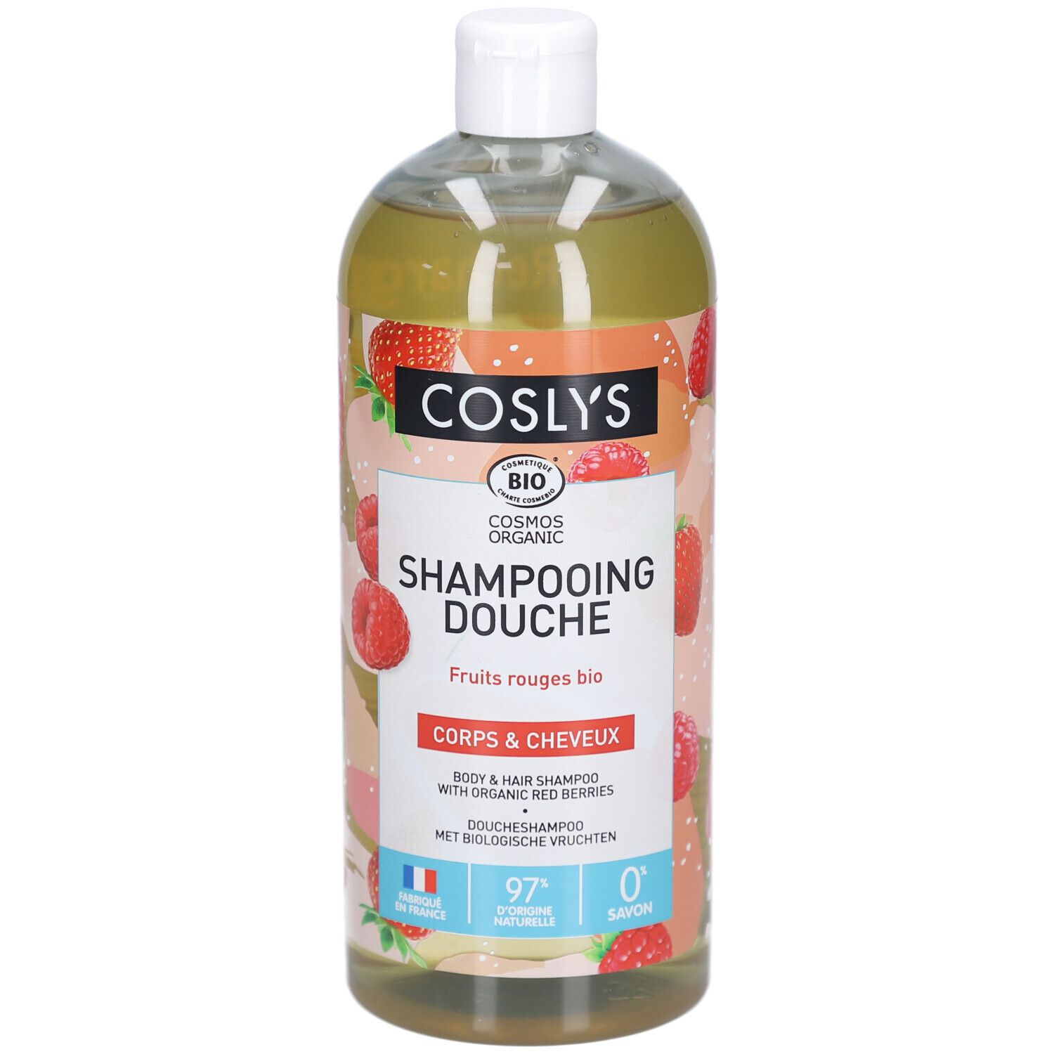 Coslys Shampooing Douche Fruits Rouges. Flasche mit rotem Beerenmuster. Weißer Deckel. Bio-Zertifizierung.