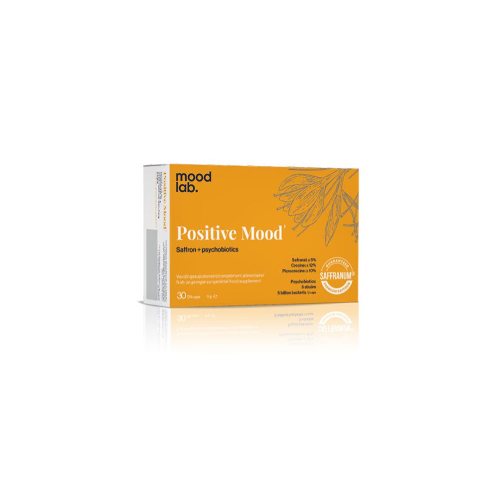 Petite boîte jaune "Positive Mood" avec "mood lab". Contient 30 comprimés. Sceau Saffranum.